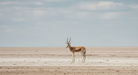 Elegant gazelle standing alone in vast, arid landscape under cloudy skies  conservation