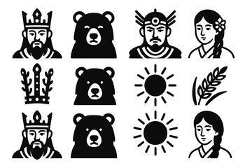 Fototapeta premium Royalty and nature icons: kings, queens, bears, sun, wheat