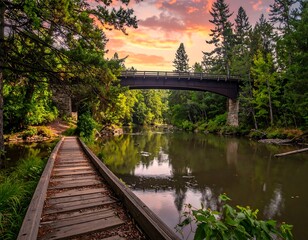 Rustic wooden bridge over a calm river at sunset. Lush forest surrounds the scene