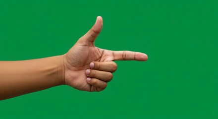 Hand gesture forming a gun shape symbolizing direction or pointing with green background