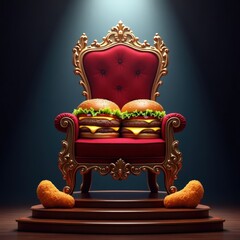 Double cheeseburger throne with chicken nuggets as footrests on dark royal stage