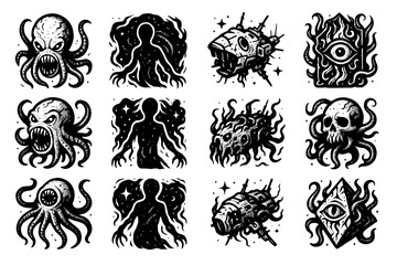 Obraz premium Intricate monochrome inked horror creatures and symbols collection