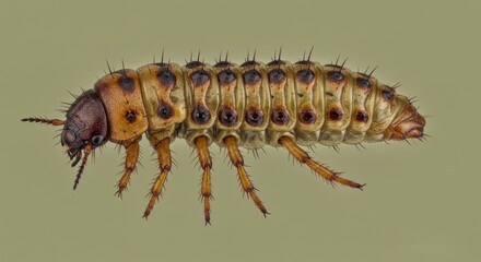 Fototapeta premium Detailed macro of a mottled leaf beetle larva showcasing intricate texture and anatomy of a unique