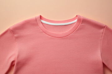 Overhead shot of a salmoncolored tshirt with a whitetrimmed collar, emphasizing its simple design and soft texture against a light background