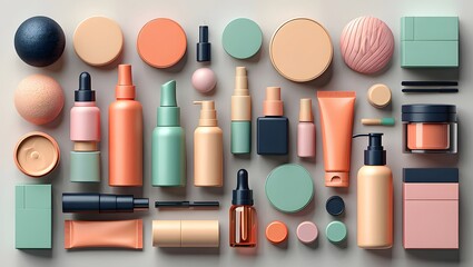 Pastel toned cosmetic product assortment flat lay aesthetic beauty essentials display