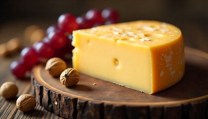 Deliciously aged cheese wedge served with plump red grapes and gourmet nuts on rustic wooden board