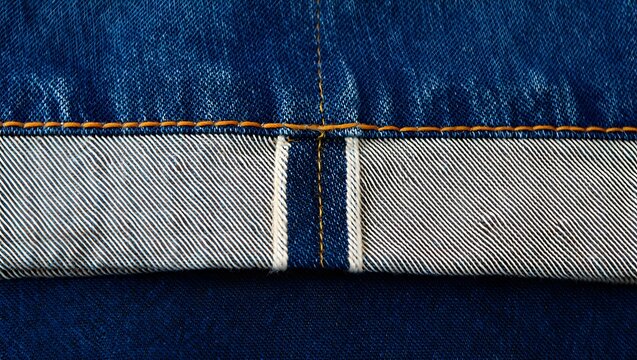 Denim selvedge edge close up with orange stitching and blue and white fabric detail