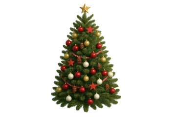 Obraz premium Christmas tree decorating with ornaments, star, ribbons, pinecones, symbol of winter holidays and festive season