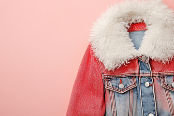 Closeup of a stylish denim jacket featuring a striking red hue and a luxurious white faux fur collar, perfect for adding a touch of glamour to any outfit