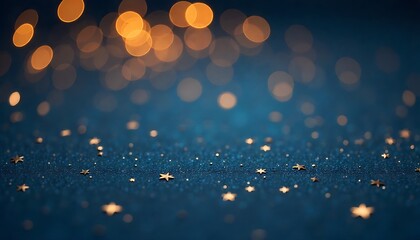 Sparkling golden stars scatter across a deep blue textured background with soft bokeh lights creating a magical, celebratory atmosphere perfect for festive occasions.