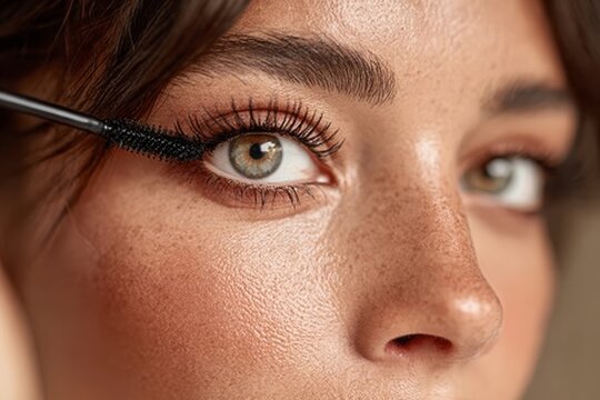 Woman applying mascara to her long eyelashes, enhancing natural beauty and style.