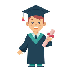 A happy young male graduate wearing a dark blue cap and gown holding a diploma scroll tied with a red ribbon celebrating academic achievement and success