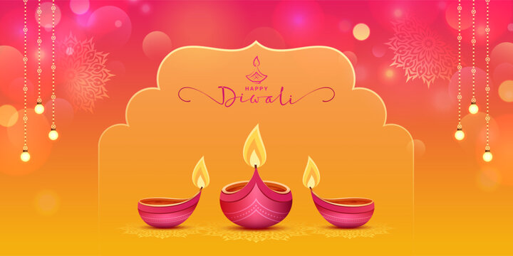 diwali festival of lights colorful creative abstract background design with illustration of diya, frame, typography and bokeh effect