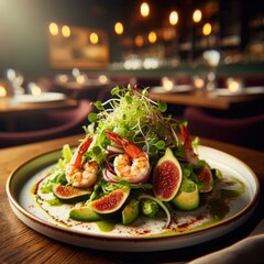 Grilled shrimp salad with caramelized figs, avocado, and lime dressing, gourmet seafood dish