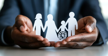 A person holding paper cutouts of a family, including a child in a wheelchair, symbolizing inclusion and support for diverse family structures