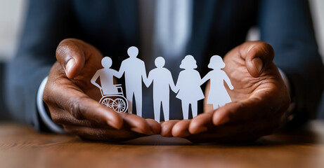Hands protect paper cutouts of diverse people symbolizing inclusion and community support, emphasizing social responsibility and equality for all individuals