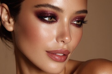 A beautiful woman showcasing dramatic glittery burgundy eyeshadow and flawless glowing skin.