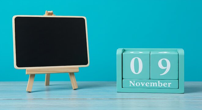 Blank blackboard with wooden calendar showing november 9th on blue background with copy space - Powered by Adobe
