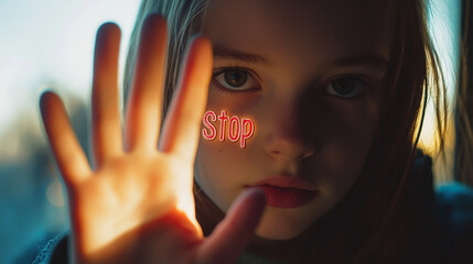 A dramatic image of a young girl with the word stop superimposed on her face, her hand raised in a gesture of defiance, conveying a strong message