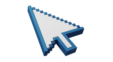 3D blue and white cursor arrow pointing up and to the left on a white background. Retro-style arrow cursor. a retro pixel white cursor arrow pointer icon.