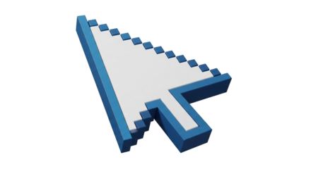 3D blue and white cursor arrow pointing up and to the left on a white background. Retro-style arrow cursor. a retro pixel white cursor arrow pointer icon.