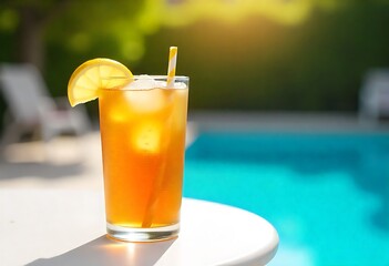 Refreshing iced tea with lemon and ice on a table by a sparkling blue swimming pool, perfect for summer relaxation and poolside enjoyment.
