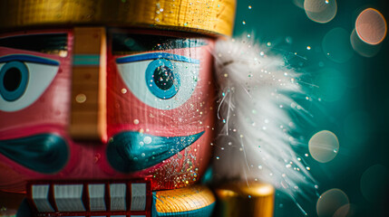 A wooden nutcracker with a blue face and gold trim. The nutcracker is covered in glitter and has a white beard