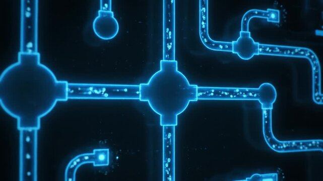 Glowing Blue Network of Interconnected Pipes and Nodes Depicting Futuristic Digital Energy Flow System with Advanced Technology and Innovation