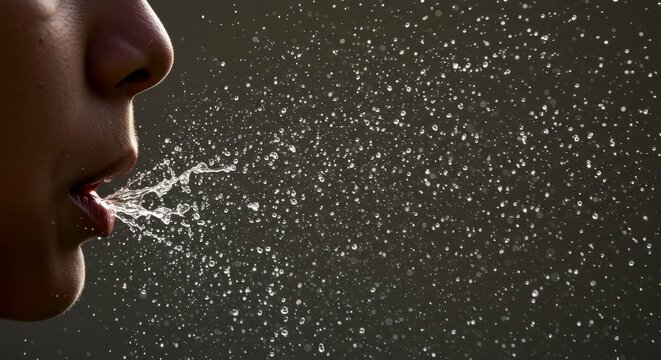Profile of a person spitting water against dark background creating a dynamic effect