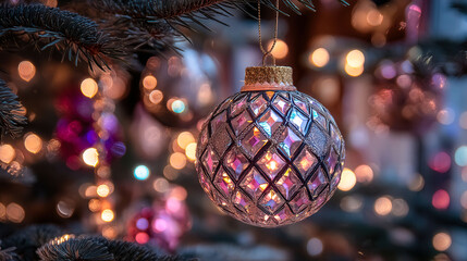 A Christmas tree with a large, glittery ball hanging from it. The ball is surrounded by other ornaments, including a pink one. The scene is lit up with bright lights, creating a festive