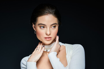 Winter beauty captured in studio with natural makeup and soft elegance