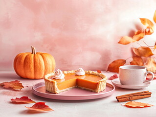 Minimalistic autumn dessert table pumpkin pie cinnamon sticks autumn leaves, stock