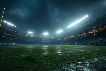 Photorealistic night view of empty American football stadium under bright floodlights during rain, green field and goalposts centered. Concept of sports venue, anticipation, competitive atmosphere.