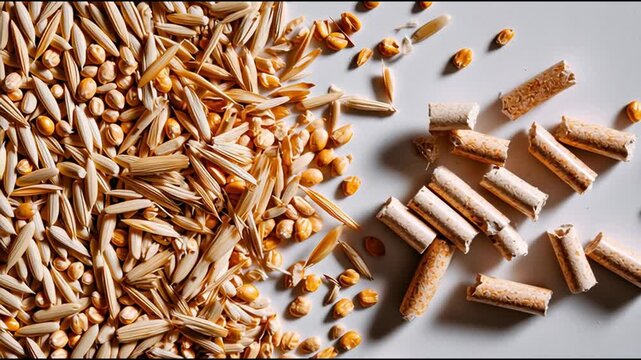 Macro flat lay showing a clear division between raw corn kernels and cylindrical biomass pellets made from agricultural waste, representing sustainable energy resources.