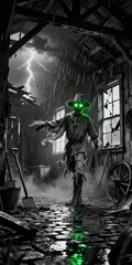 Creepy 3D Scarecrow with Glowing Green Eyes in Abandoned Barn during Thunderstorm Rain Halloween