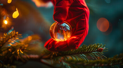 A person is holding a glass ball in a red glove. The scene is set in a Christmas tree