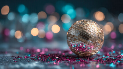 A gold disco ball sits on a table covered in glitter. The ball is surrounded by a purple and blue sparkly background. The scene conveys a festive and celebratory mood