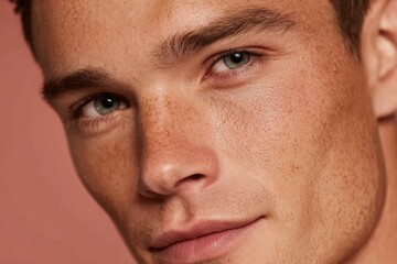 Obraz premium A close-up portrait of a young man with natural freckles and captivating eyes.