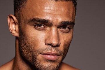 Fototapeta premium Close-up portrait of a handsome man with an intense, direct gaze and strong features.