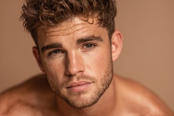 Obraz premium Natural close-up portrait of a young man with freckles and curly hair.
