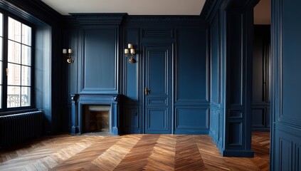 Fototapeta premium Luxurious blue room with hardwood floors