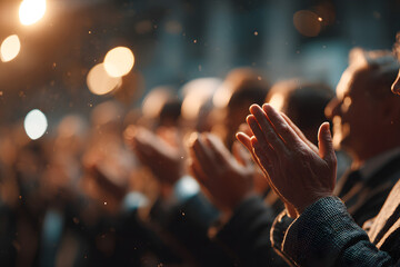 Blurred background image of people clapping hands wearing suit at event, concept for appreciation ceremony, achievement celebration and public event recognition