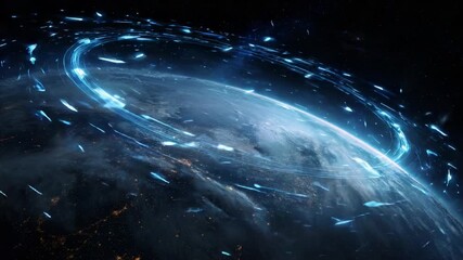 Futuristic scene showing a stream of glowing blue energy particles and light trails forming a celestial ring and orbiting the planet Earth. Symbolizing global connection and technological advancement - Powered by Adobe