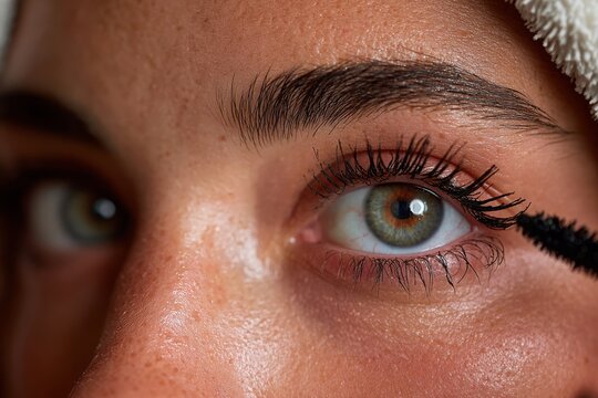 Close-up of a woman applying mascara to her eye, showcasing a beauty ritual.