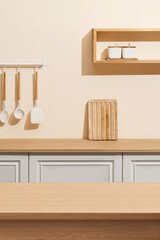 Contemporary kitchen with wooden furniture, soft shadows, and organized shelves