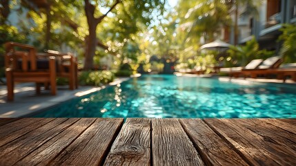 Fototapeta premium Beautiful, empty wooden deck in the foreground with a blurred background of a sparkling blue swimming pool on a sunny, luxurious vacation day.