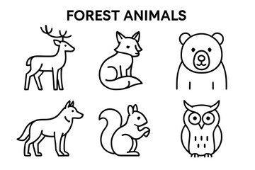 Outline illustrations of forest animals: deer, fox, bear, wolf, squirrel, owl