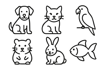 Fototapeta premium Simple line art of common pet animals: dog, cat, parrot, hamster, rabbit, fish