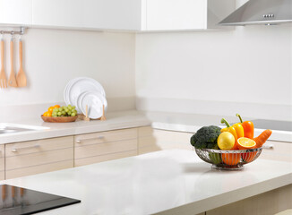 Bright contemporary kitchen with fruit and vegetable display