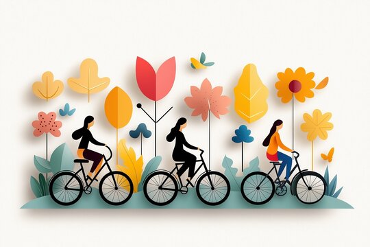 Illustrative autumn scene with three cyclists riding past colorful flowers and leaves in vibrant fall colors